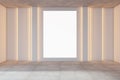 Modern empty gallery room interior with white mock up banner on illuminated light wall. Royalty Free Stock Photo