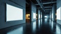 Modern empty gallery room interior with white mock up frame on illuminated dark wall Royalty Free Stock Photo