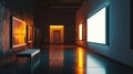 Modern empty gallery room interior with white mock up frame on illuminated dark wall Royalty Free Stock Photo