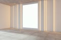 Modern empty gallery room interior with white mock up frame on illuminated light wall. Royalty Free Stock Photo