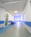 Modern empty hospital corridor with light walls. New long emergency clinic hall. Royalty Free Stock Photo