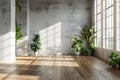 Modern empty loft space with green plants and natural light Royalty Free Stock Photo