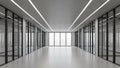 Modern Empty Office Hallway with Glass Partitioned Rooms and Bright LED Ceiling Lights Keywords: modern, empty Royalty Free Stock Photo