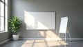 Modern empty office interior with big window light casting shadows on floor. Whiteboard and flip chart stand ready for meeting or Royalty Free Stock Photo