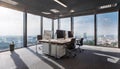 Modern empty office interior with desks and windows overlooking city. 3D Rendering Royalty Free Stock Photo