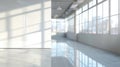 Modern empty office interior with large panoramic windows and sunlight shadows on polished floor. Minimalistic architecture Royalty Free Stock Photo