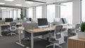 Modern empty office interior with rows of desks computers chairs and large windows Royalty Free Stock Photo