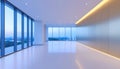 Modern empty office space with large windows and city view bright interior with clean design and warm lighting Royalty Free Stock Photo