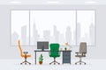 Modern empty office working place front view vector illustration flat style table desk chair computer desktop isolated cityscape Royalty Free Stock Photo