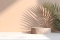 Modern empty pastel brown concrete counter table top in sunlight, palm leaf shadow on stucco texture wall. 3d rendering. Royalty Free Stock Photo