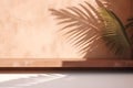 Modern empty pastel brown concrete counter table top in sunlight, palm leaf shadow on stucco texture wall. 3d rendering. Royalty Free Stock Photo