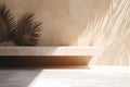 Modern empty pastel brown concrete counter table top in sunlight, palm leaf shadow on stucco texture wall. 3d rendering. Royalty Free Stock Photo