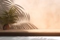 Modern empty pastel brown concrete counter table top in sunlight, palm leaf shadow on stucco texture wall. 3d rendering. Royalty Free Stock Photo