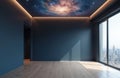 Modern empty room with celestial ceiling featuring galaxy view. Big window with city landscape skyline at daytime. Minimalist Royalty Free Stock Photo