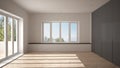 Modern empty space with big panoramic windows and wooden floor, minimalist white architecture interior design Royalty Free Stock Photo