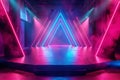Modern empty stage with LED lights and dynamic neon triangles, providing futuristic and abstract background for a high-tech