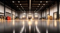Modern Empty Warehouse with Shiny Floor, Bright Lights, and Loading Bays Royalty Free Stock Photo