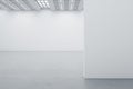 Modern empty white concrete gallery interior with mock up banner on wall. Art, no people, museum and exhibition concept. 3D Royalty Free Stock Photo