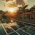 A modern energy-saving house with solar panels on the roof stands in the forest. Alternative source of electricity