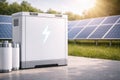 Modern energy storage battery with lightning icon placed near solar panels in outdoor setting Royalty Free Stock Photo