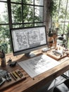 Modern engineering desk with blueprints and tools in a sunlit workspace surrounded by greenery. Generative AI Royalty Free Stock Photo