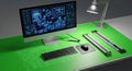 Modern Engineering Workspace: Circuit Diagram on Screen, Green Desk, and Tools Royalty Free Stock Photo