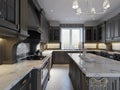 Modern English Classic Style Kitchen Interior Design with dark Furniture, bleak Facades and Marble Countertop