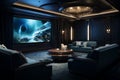 A modern entertainment room with a large screen, plush seating, and high-end sound systems.