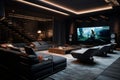 A modern entertainment room with a large screen, plush seating, and high-end sound systems.