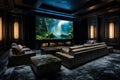 A modern entertainment room with a large screen, plush seating, and high-end sound systems.