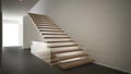 Modern entrance hall with wooden staircase, minimalist white and