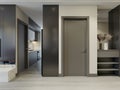 Modern entrance hallway in gray with shoe rack and mirror