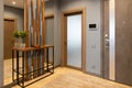 Modern entrance hallway in neutral shades of brown and gray tones in loft style. Video intercom on wall. Plant on console. Concept