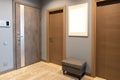 Modern entrance hallway in neutral shades of brown and gray tones. On wall there is photo frame with mockup, front door with