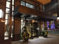 Modern entrance to an apartment building in the trendy neighbourhood of Yorkville in Toronto at night