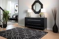 modern entryway with sleek black furniture and gray rug