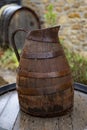 Equipment for producing of red, rose and white wine on South of France in Provence. Wooden grape juice jug