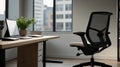 A modern ergonomic office chair with focus on its sleek armrest, clean workspace visible in the background, professional and Royalty Free Stock Photo