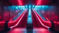 Modern escalator bathed in vibrant red, blue neon lights, creating striking contrast against sleek metallic surfaces Royalty Free Stock Photo