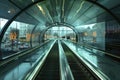 Modern escalator tunnel with reflective surfaces in an urban environment. Royalty Free Stock Photo