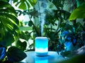 Modern essential oil diffuser with soft blue light, releasing fragrant steam, placed on round table surrounded by lush green Royalty Free Stock Photo