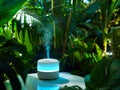 Modern essential oil diffuser with soft blue light, releasing fragrant steam, placed on round table surrounded by lush green Royalty Free Stock Photo