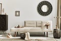 Modern ethnic living room interior with design chaise lounge, round mirror, furniture, carpet, decoration, stool and elegant.