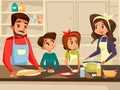 Modern European family cooking at kitchen vector flat cartoon illustration of family together preparing meal food Royalty Free Stock Photo