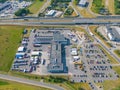 Modern European logistics warehouse for worldwide delivery of goods, warehouse, aerial view