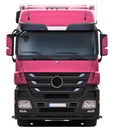 Pink Mercedes Actros truck with black plastic bumper.