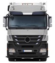 White Mercedes Actros truck with black plastic bumper.