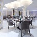 Modern evening restaurant in hotel with various furniture and the hidden ceiling light and patterns from a mosaic on white columns