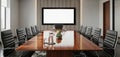 Modern executive boardroom with polished wood table and sleek black chairs Royalty Free Stock Photo