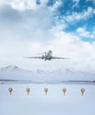 Executive business jet take off from airport runway against the backdrop of picturesque snow-capped mountains Royalty Free Stock Photo